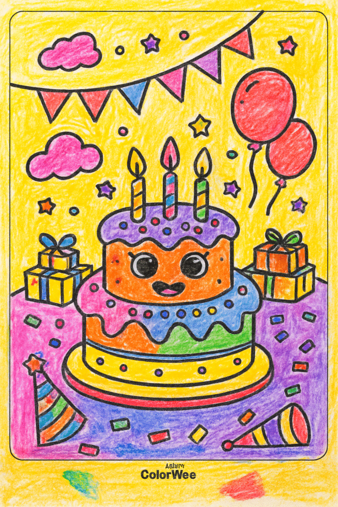 Birthday cake coloring page with balloons and presents.