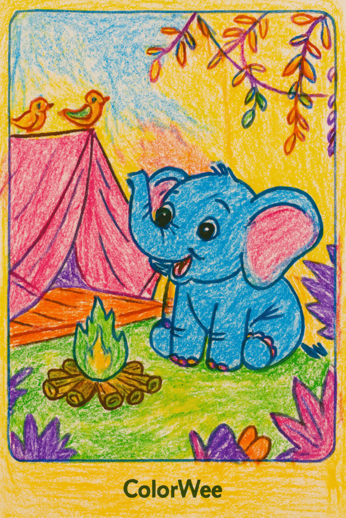 Blue elephant by a campfire and tent, surrounded by nature.