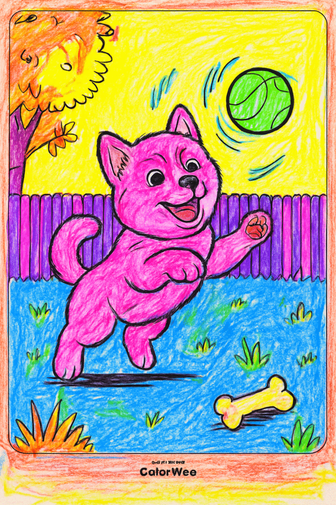 Pink dog playing with a ball in a colorful yard.