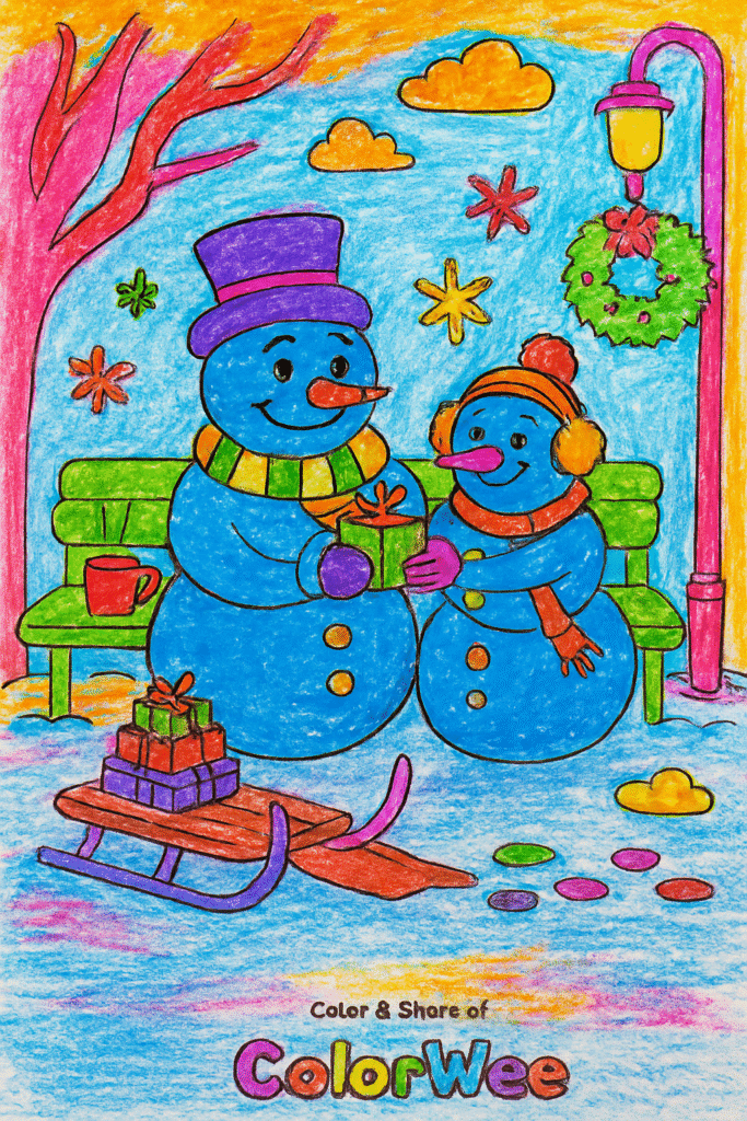 Two snowmen exchanging gifts on a wintery day.
