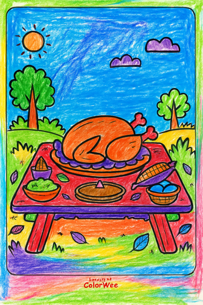 Coloring page of a picnic table with turkey and food outdoors.