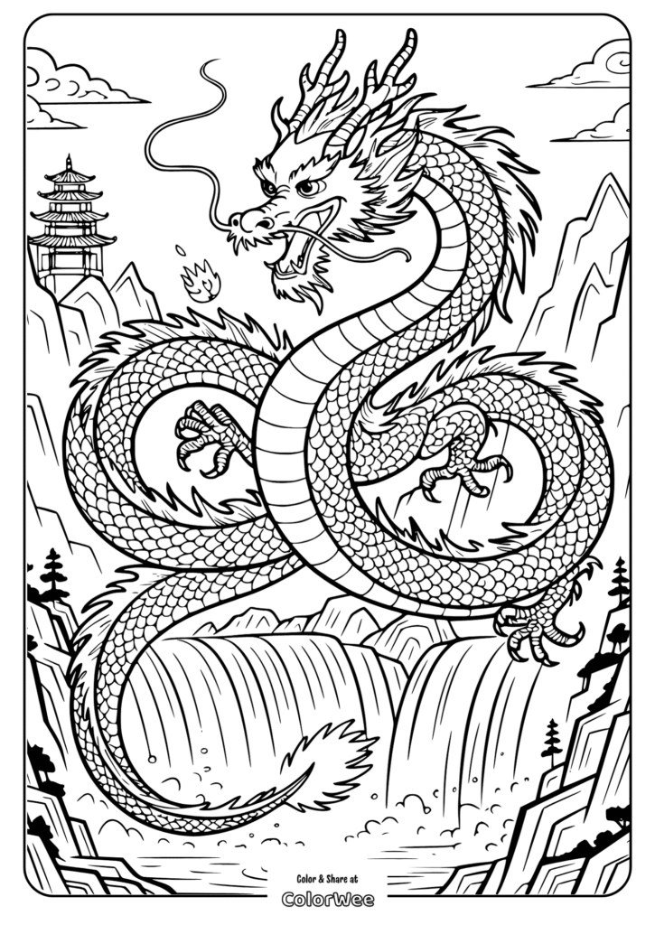 Coloring page of a detailed Chinese dragon in a mountain scenery.