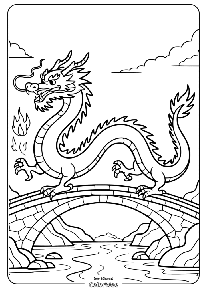 Dragon coloring page: a dragon on a bridge breathing fire with clouds.