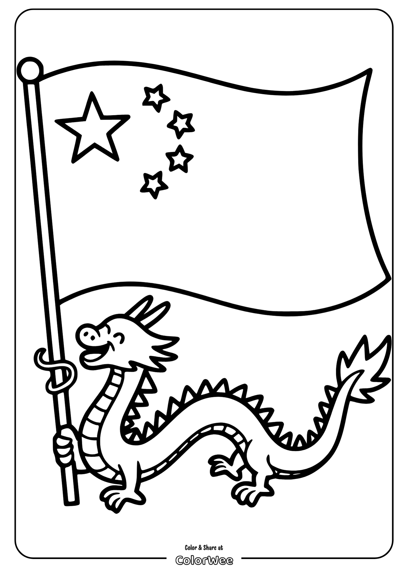 Chinese dragon holding a flag coloring page for kids