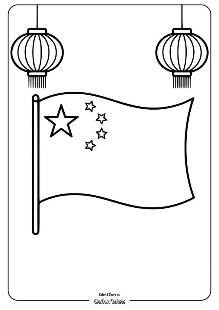 China flag coloring page with lanterns, kids activity printable