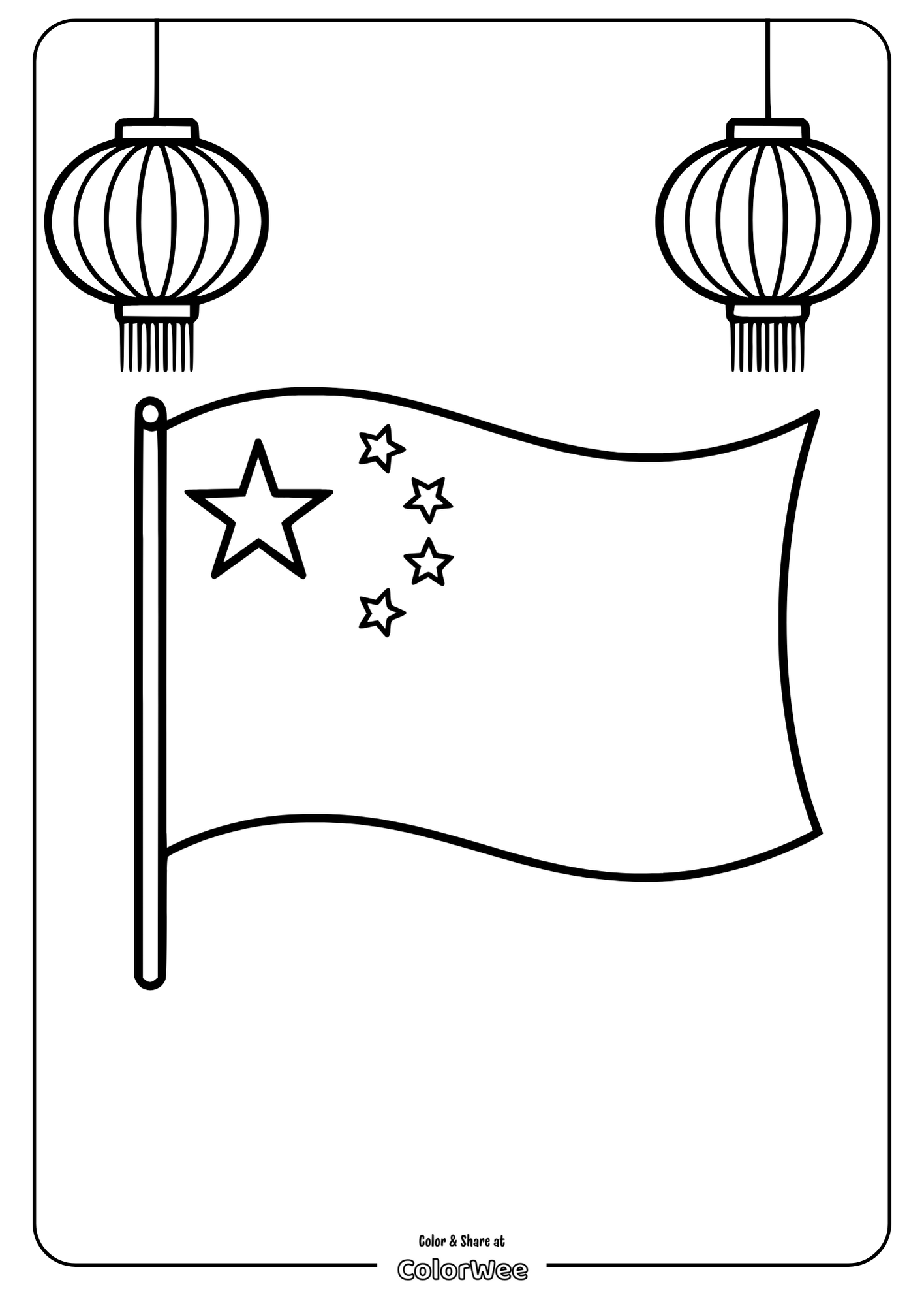 China flag coloring page with lanterns, kids activity printable