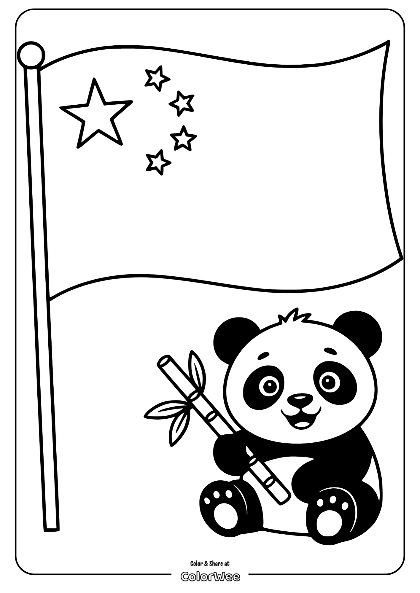 Cartoon panda with flag and bamboo coloring page.