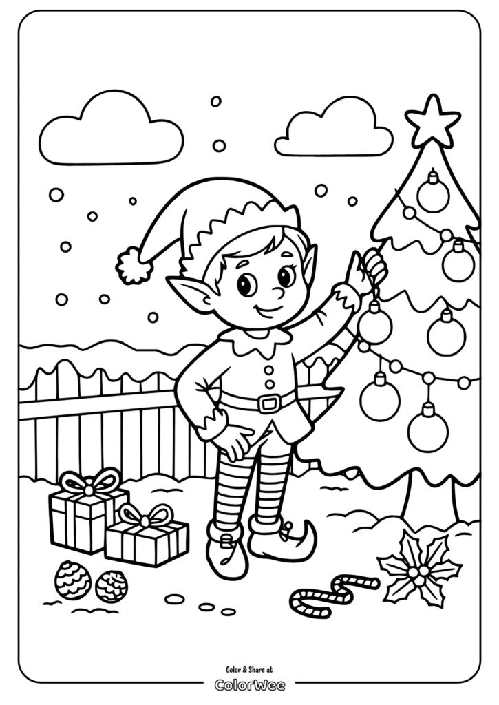Elf decorating Christmas tree with gifts and snow.