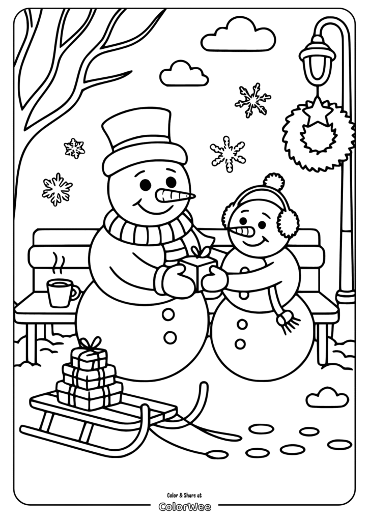 Snowmen exchanging gifts in a winter scene coloring page.