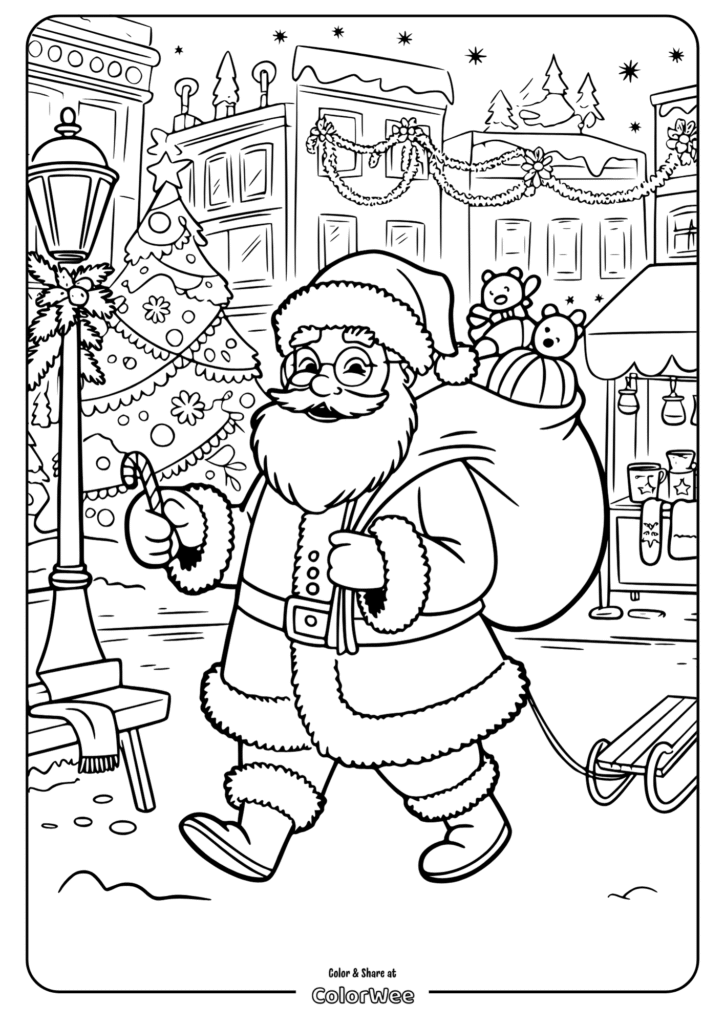 Santa Claus with gift bag in snowy Christmas scene coloring page.