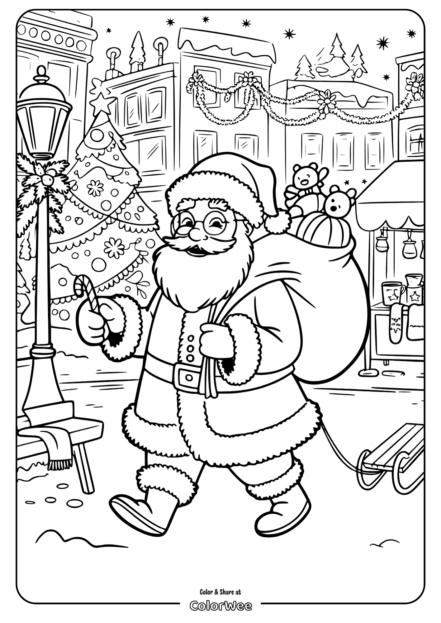 Santa Claus with gift bag in snowy Christmas scene coloring page.