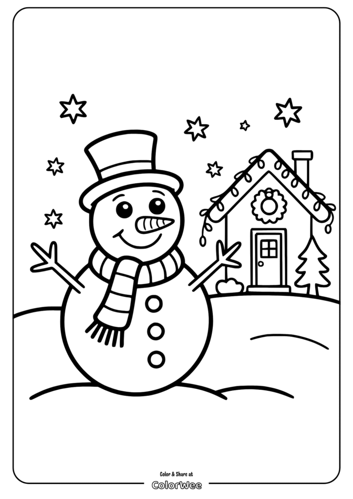 Smiling snowman and house in a winter coloring page.