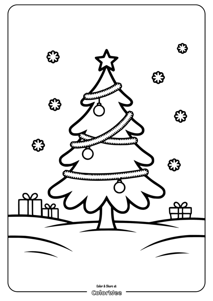 Christmas tree coloring page with star, ornaments, and gifts.
