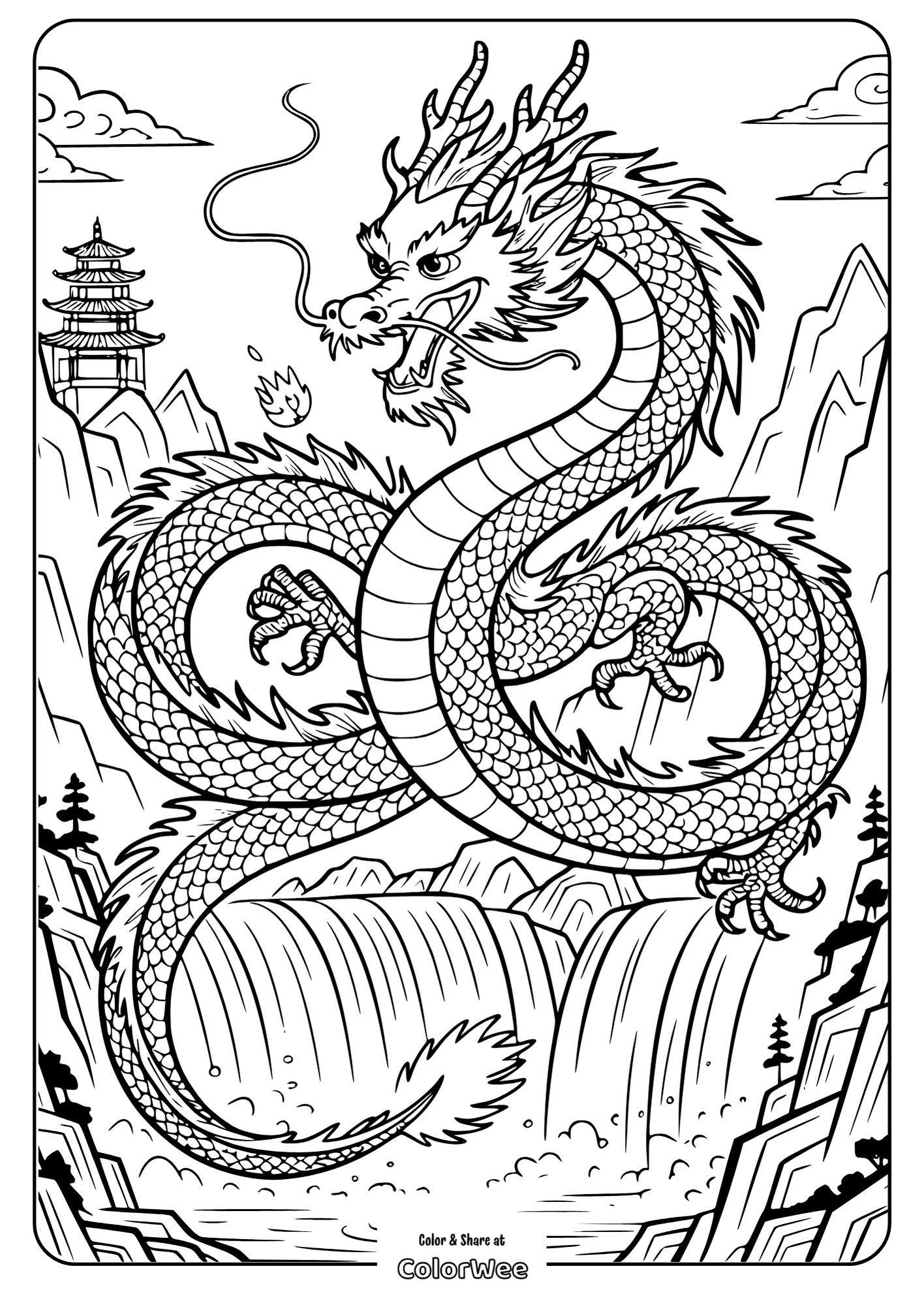 coloring page of a detailed chinese dragon in a mountain scenery Coloring page of a detailed Chinese dragon in a mountain scenery.