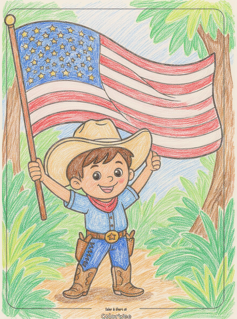 Young cowboy with American flag coloring page.