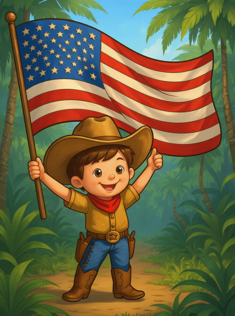 Young cowboy with American flag coloring page.