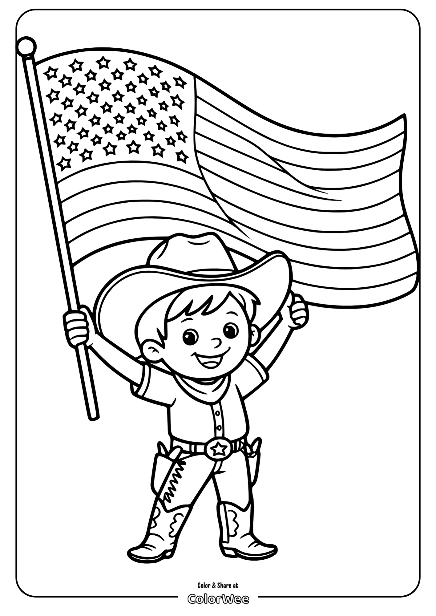 Young cowboy waves American flag coloring page.