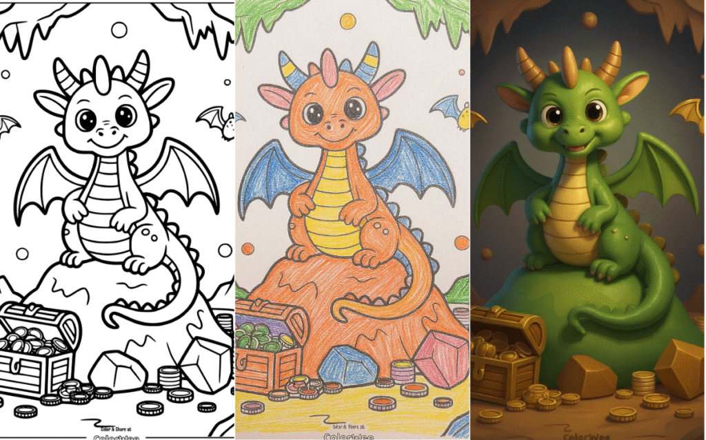 Cute baby dragon coloring page with treasure chest and coins.