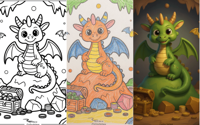 Cute baby dragon coloring page with treasure chest and coins.