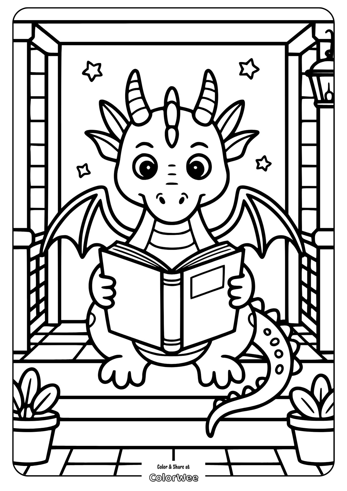 cute dragon coloring page with book and stars Cute dragon coloring page with book and stars.