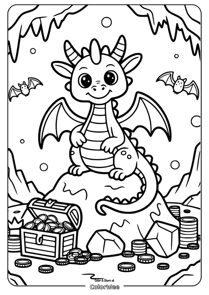 Cute dragon coloring page, cave scene with treasure and bats.