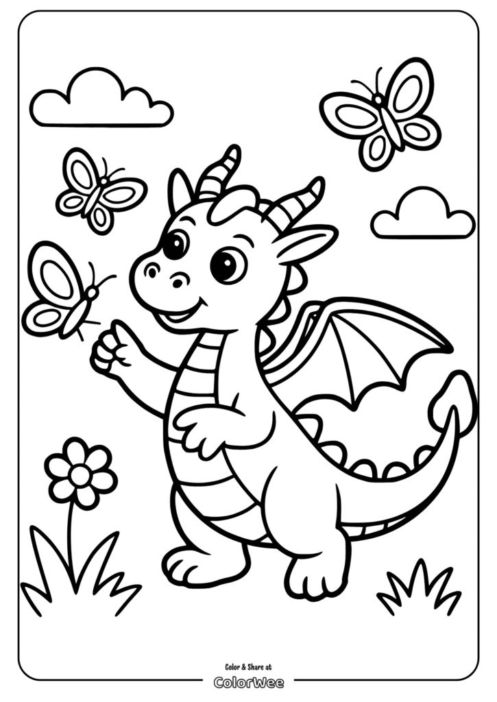 Cute dragon with butterflies and clouds coloring page.