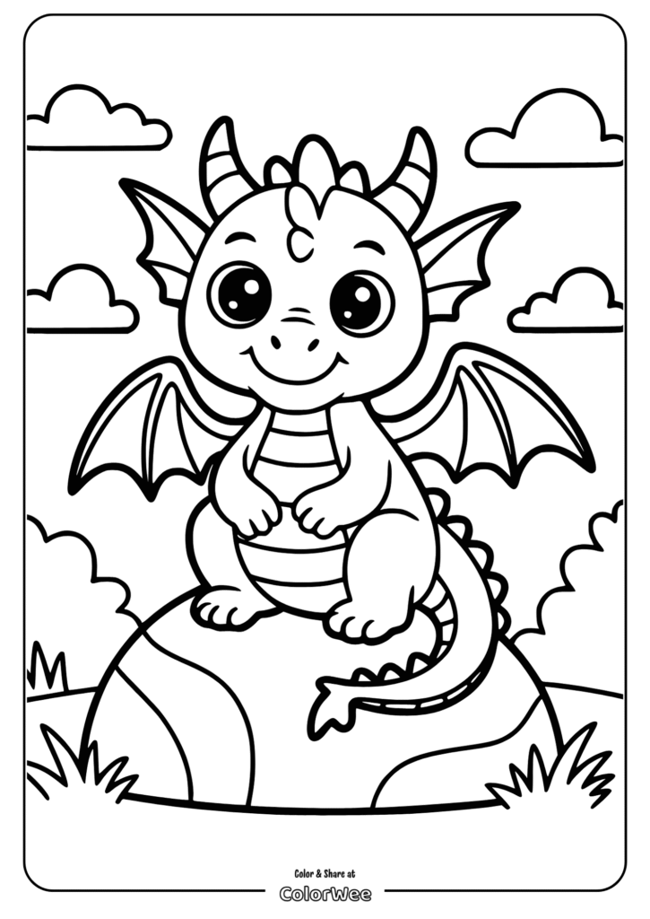 Cute dragon coloring page for kids with clouds and sky background.