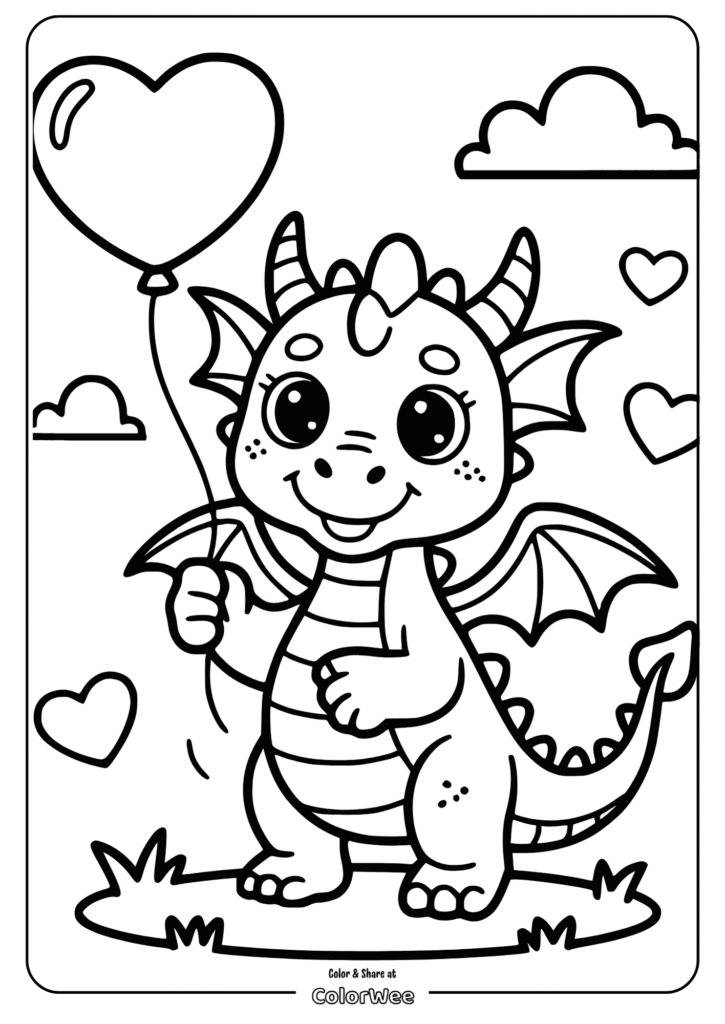 Cute dragon with heart balloon coloring page.