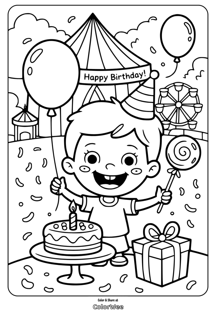Child's birthday celebration coloring page with cake and balloons.