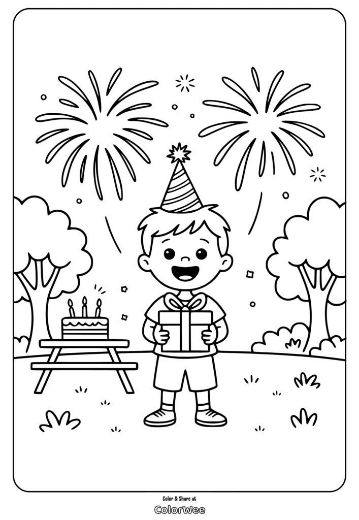 Boy's birthday coloring page with cake and fireworks.