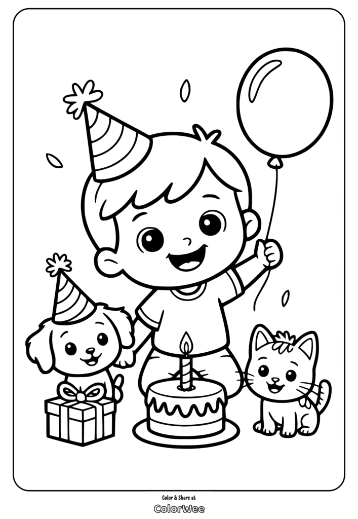 Birthday coloring page with child, cake, balloon, and party pets.
