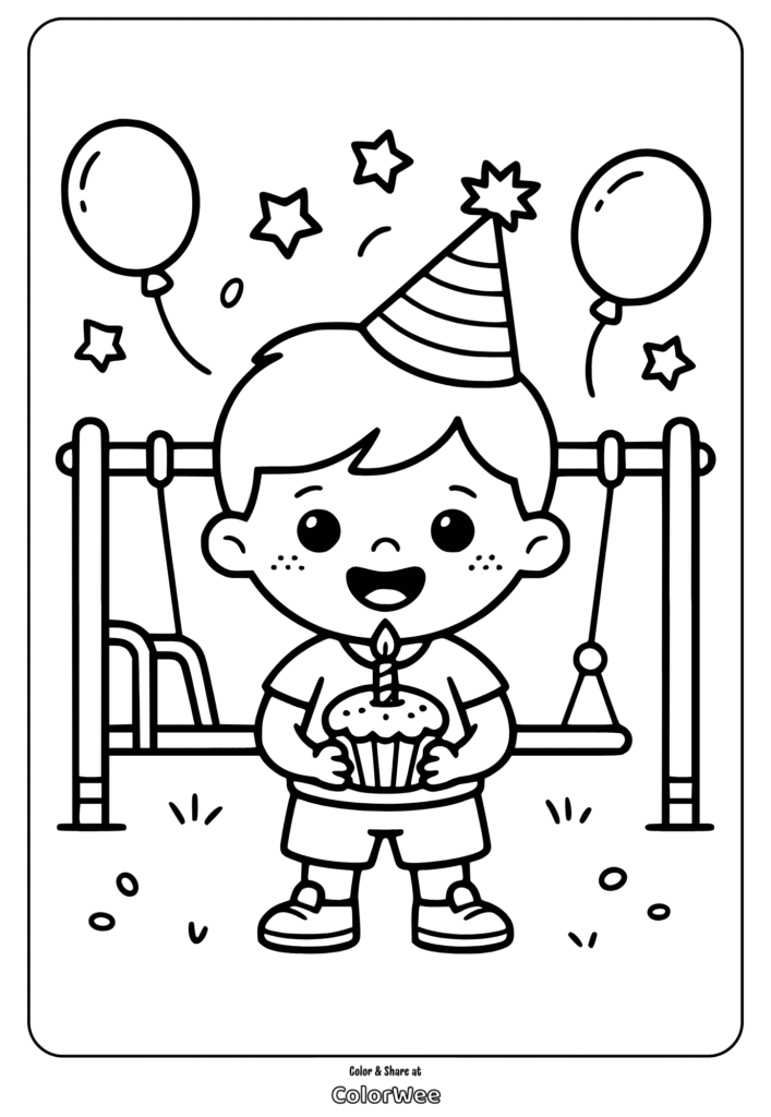 Boy's birthday party with cupcake and balloons coloring page.