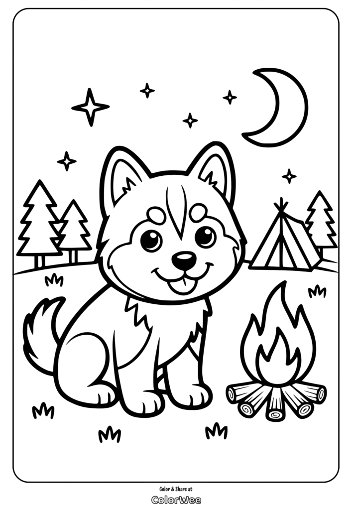 Cute husky by campfire under stars and moon, with trees and tent nearby.