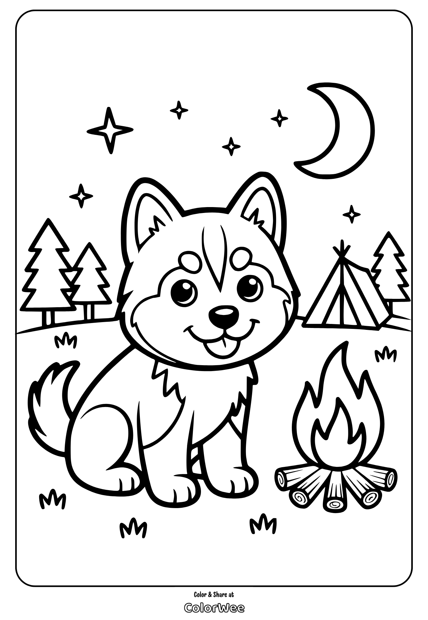 Cute husky by campfire under stars and moon, with trees and tent nearby.