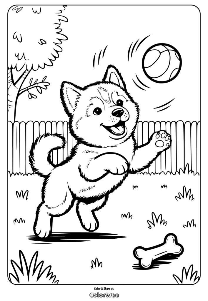 Cute puppy playing with a ball in a fenced yard coloring page.