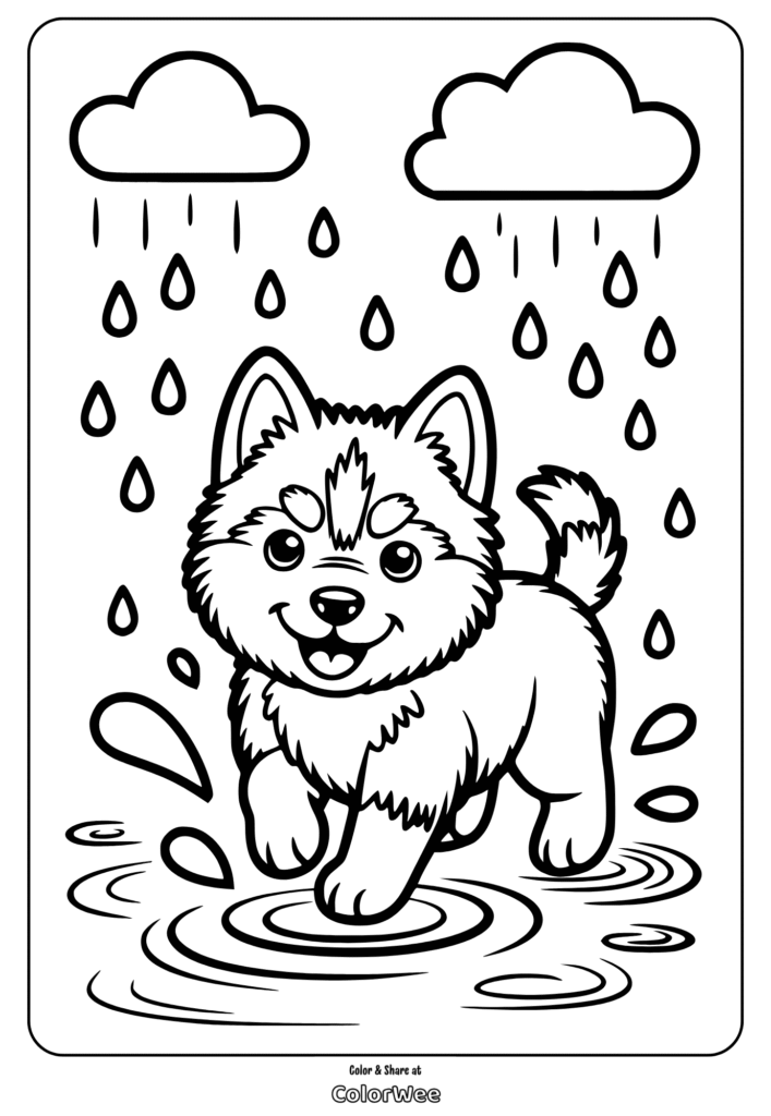 Cute dog playing in the rain coloring page.
