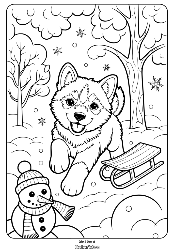 Cute puppy with sled and snowman in winter coloring page.