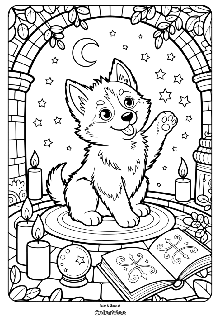 Cute puppy in a magical setting with candles and a book. Coloring page.