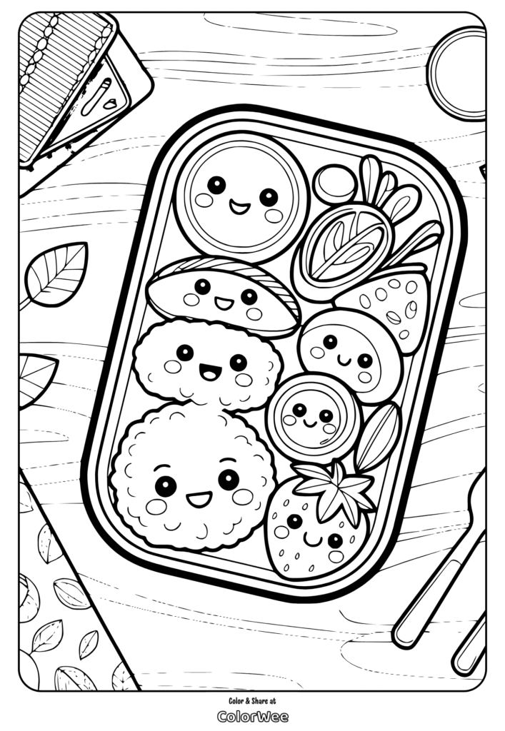 Cute bento box characters coloring page for kids.