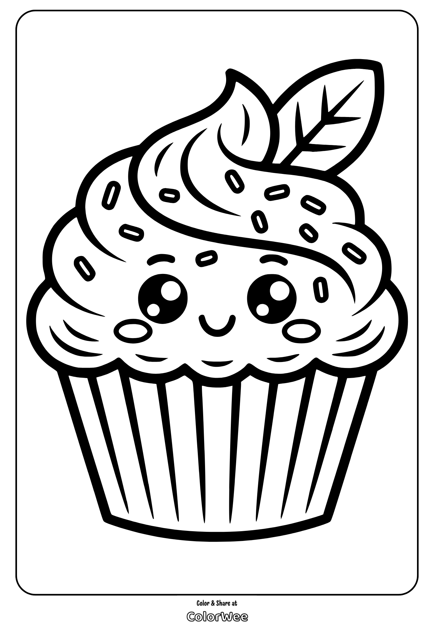 cute kawaii food cupcake Cute cupcake coloring page with a smiling face and sprinkle accents.