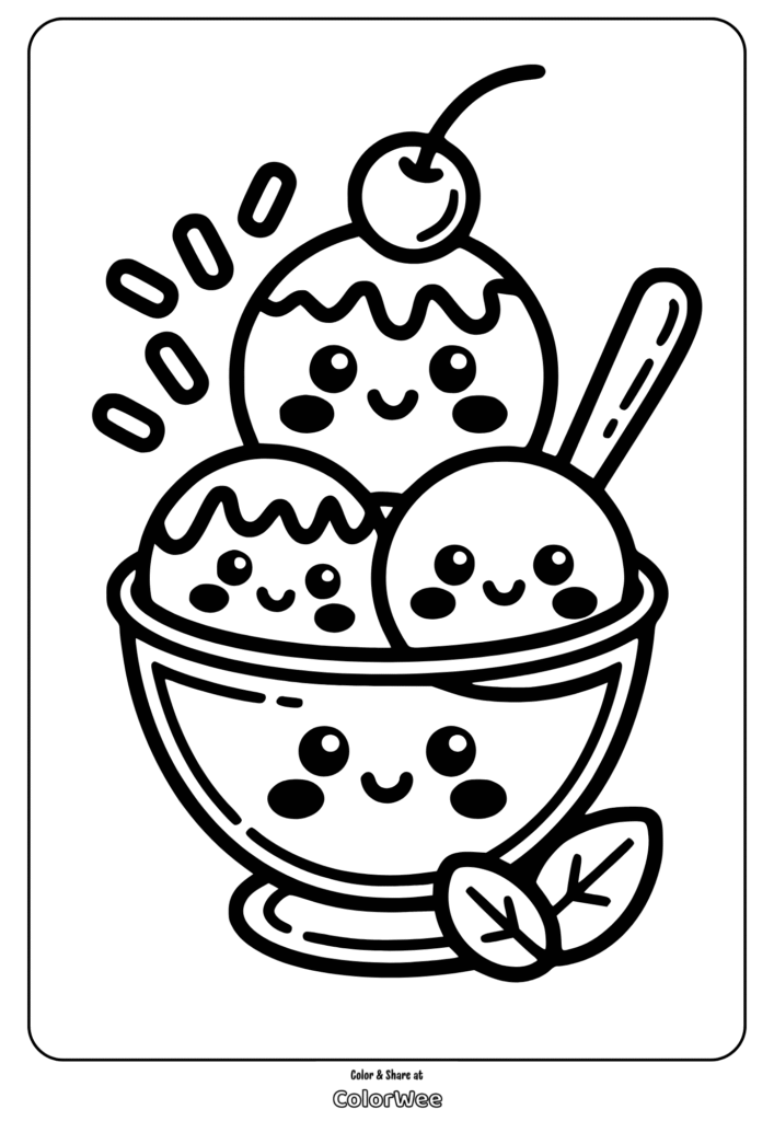 Cute ice cream bowl coloring page with smiling scoops and cherry.