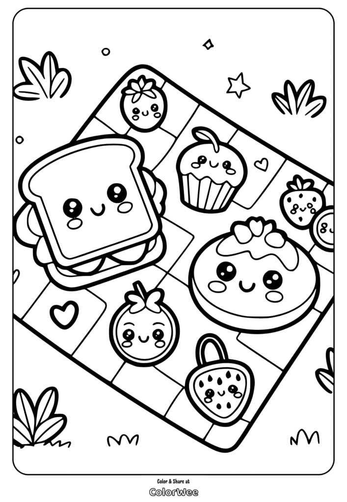 Cute picnic food coloring page with adorable kawaii faces.
