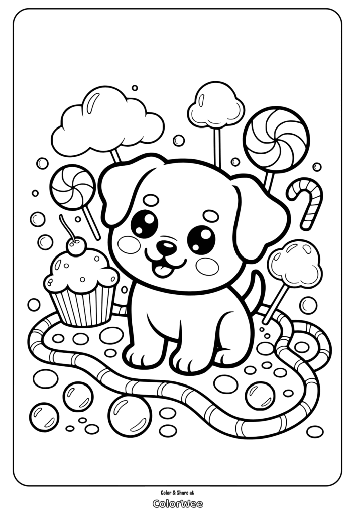 Cute puppy with candy and cupcake coloring page for kids.