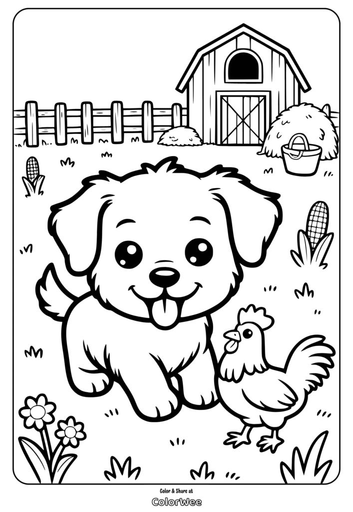 Cute puppy and chicken by barn, farm coloring page for kids.