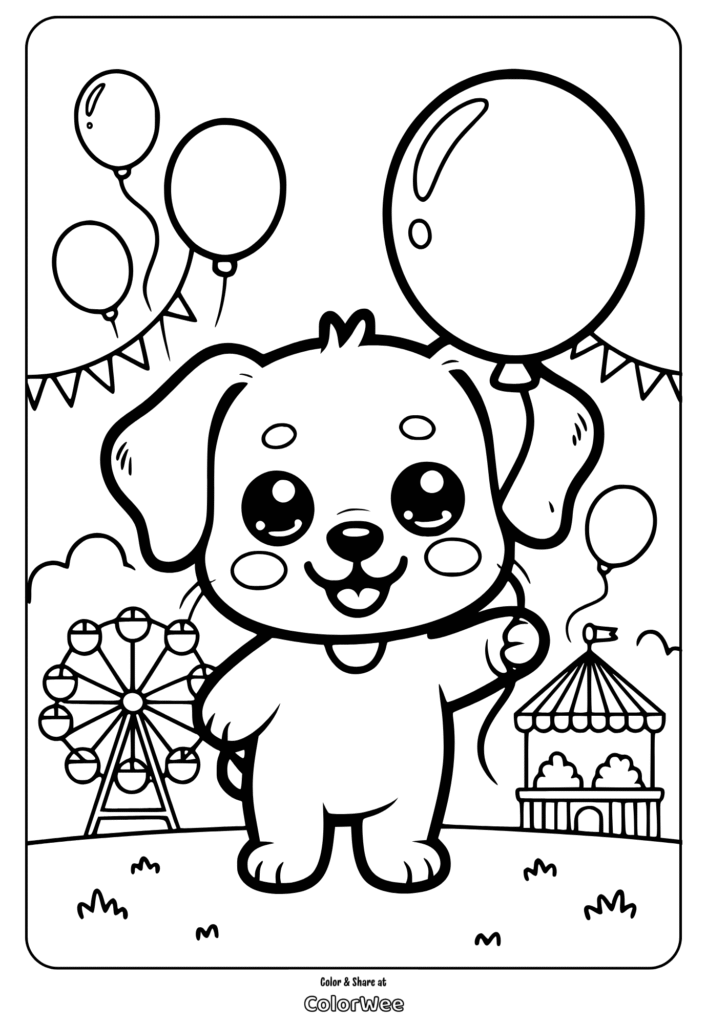 Cute puppy with balloon at fairground coloring page.