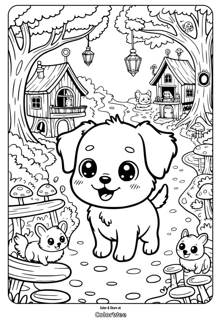 Cute puppy in a whimsical forest with animals and treehouses.