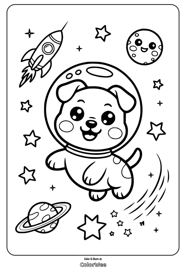 Cute puppy astronaut in space with planets and stars. Coloring page.