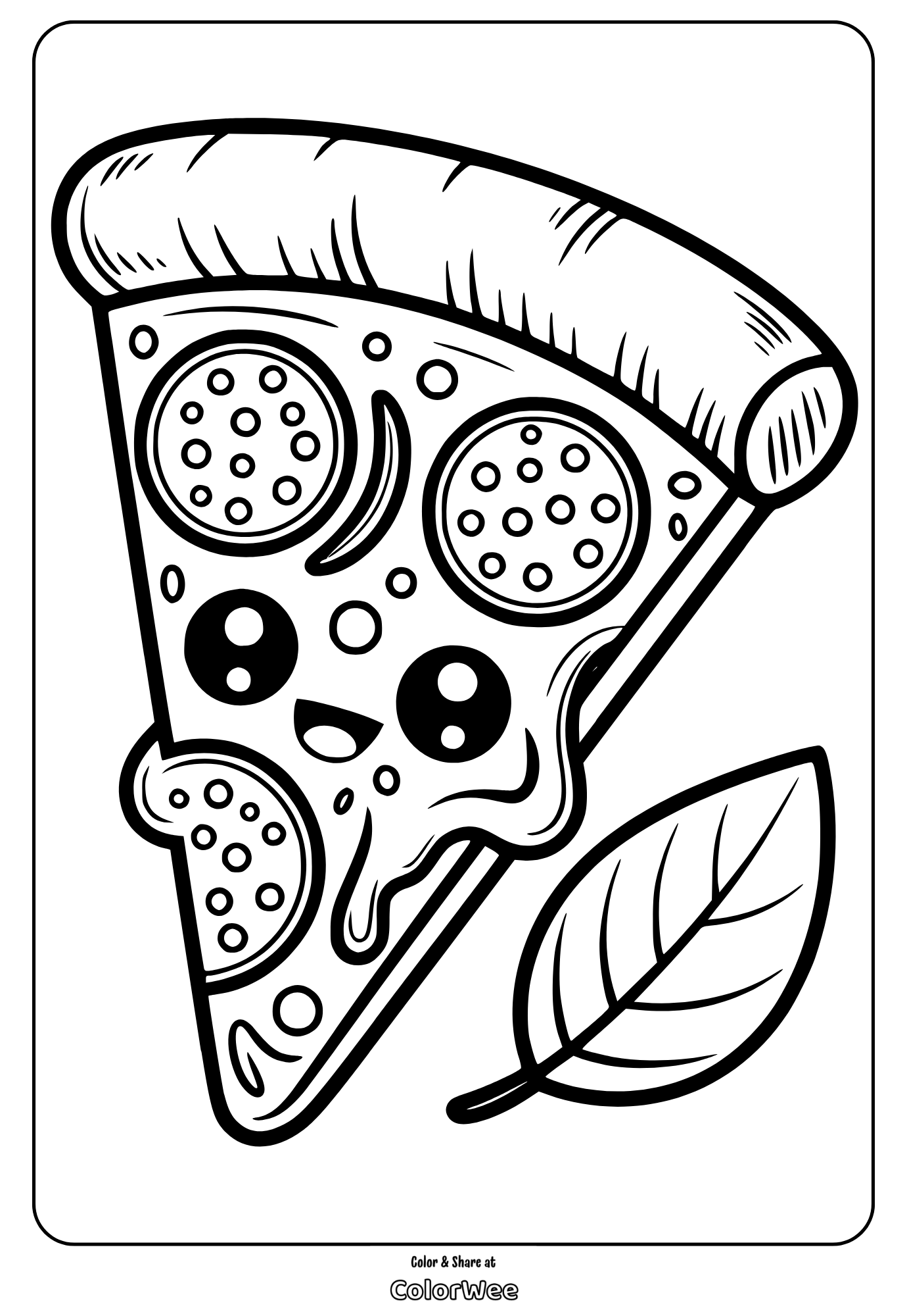Cute pizza slice with smiling face coloring page.