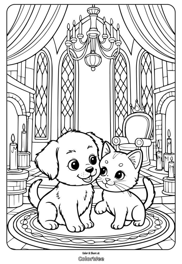 Cute puppy and kitten in a castle coloring page.