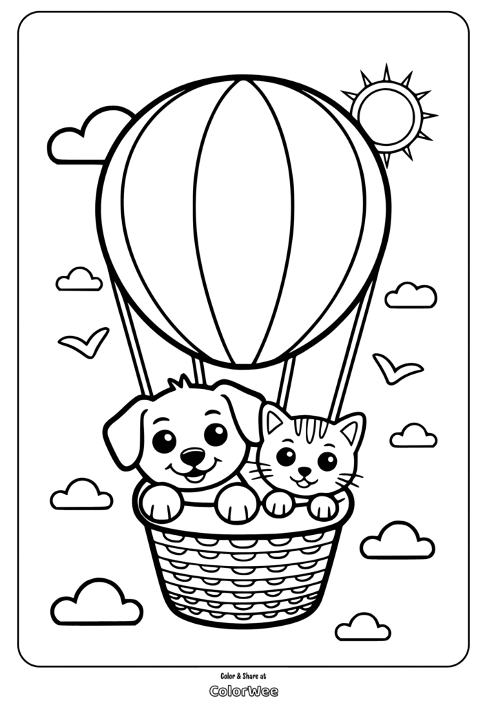 Hot air balloon with cute dog and cat coloring page.